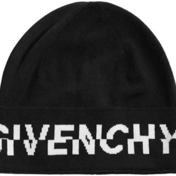 Givenchy Black Split Logo unisex Beanie Paris Motif Knitted 100% Laine W…